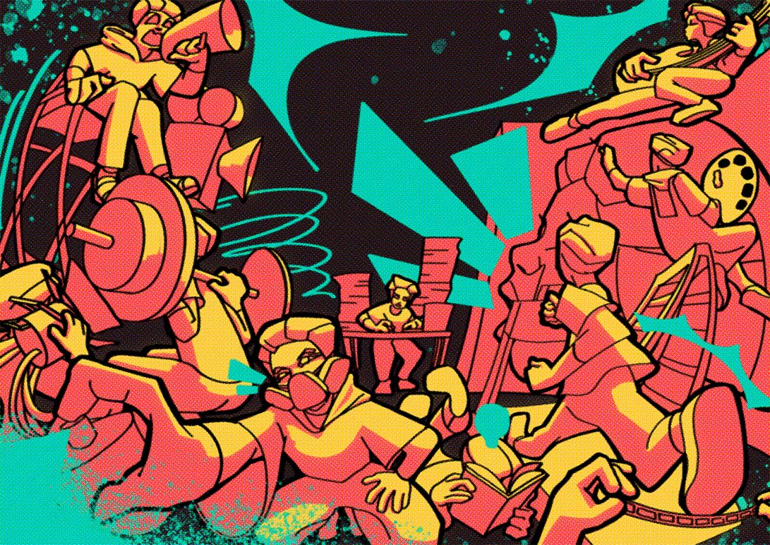 a digital drawing of many clones doing a variety of activities, including weightlifting, painting, running, and playing a bass