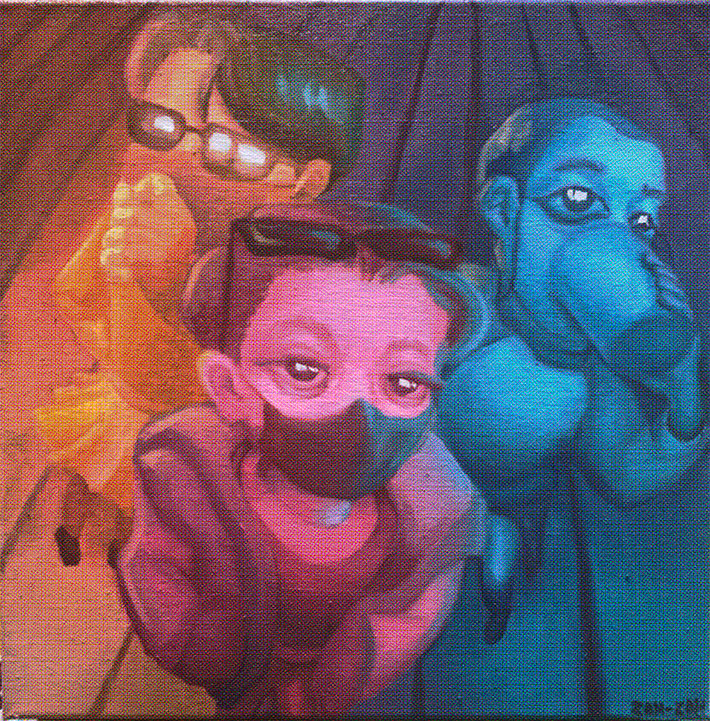 a painting of 3 devious-looking individuals